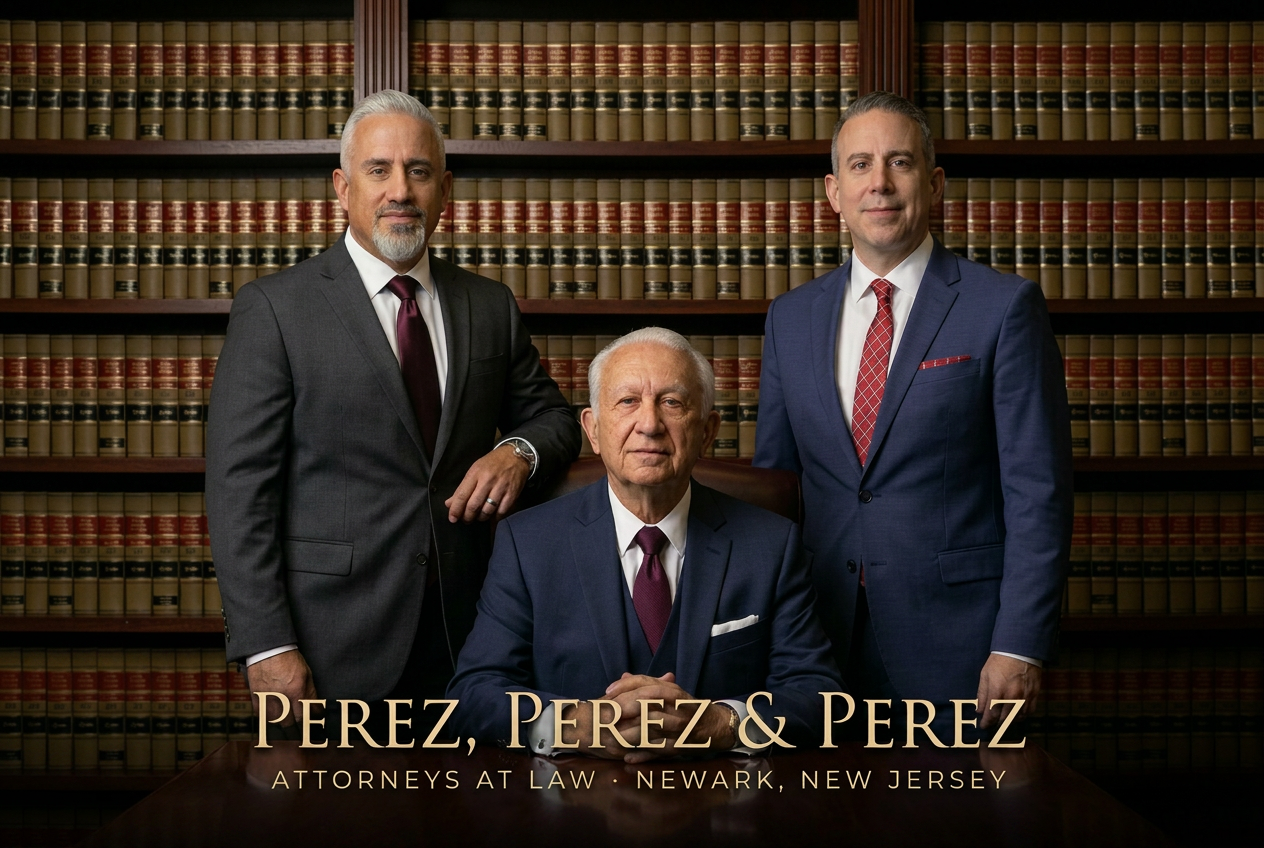 John D. Perez seated with his sons Bryan and John Perez at the firm's Newark, NJ office